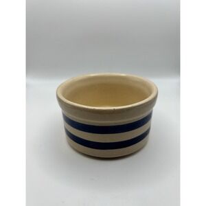 Vintage RRP Co Roseville Ohio Yellowware Stoneware Blue Stripe Crock Bowl 4.5in